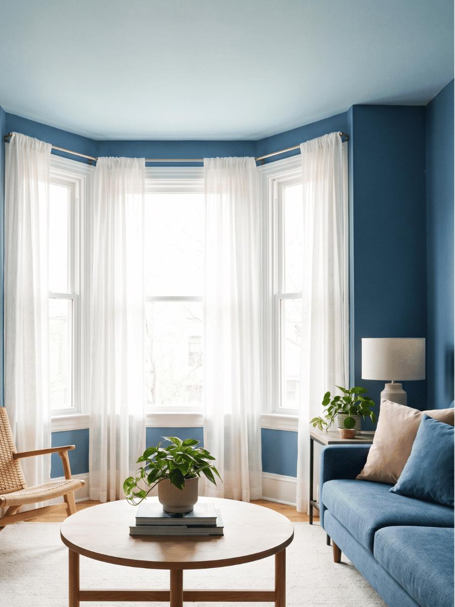 Blue living room with sheer curtains and light walls, showing a small room looking bigger.
