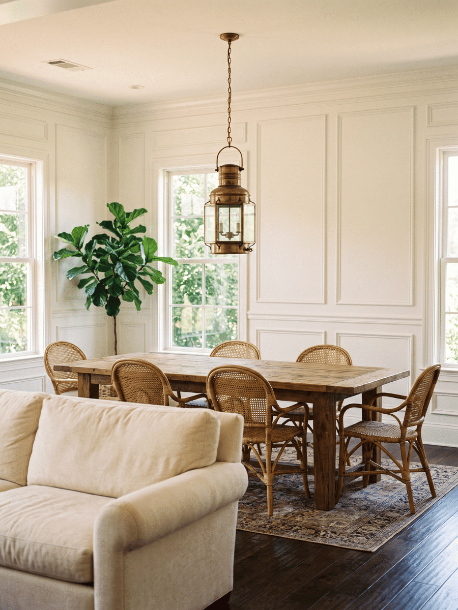 Bright dining space with off-white walls, large windows, and natural light making a small room looking bigger.