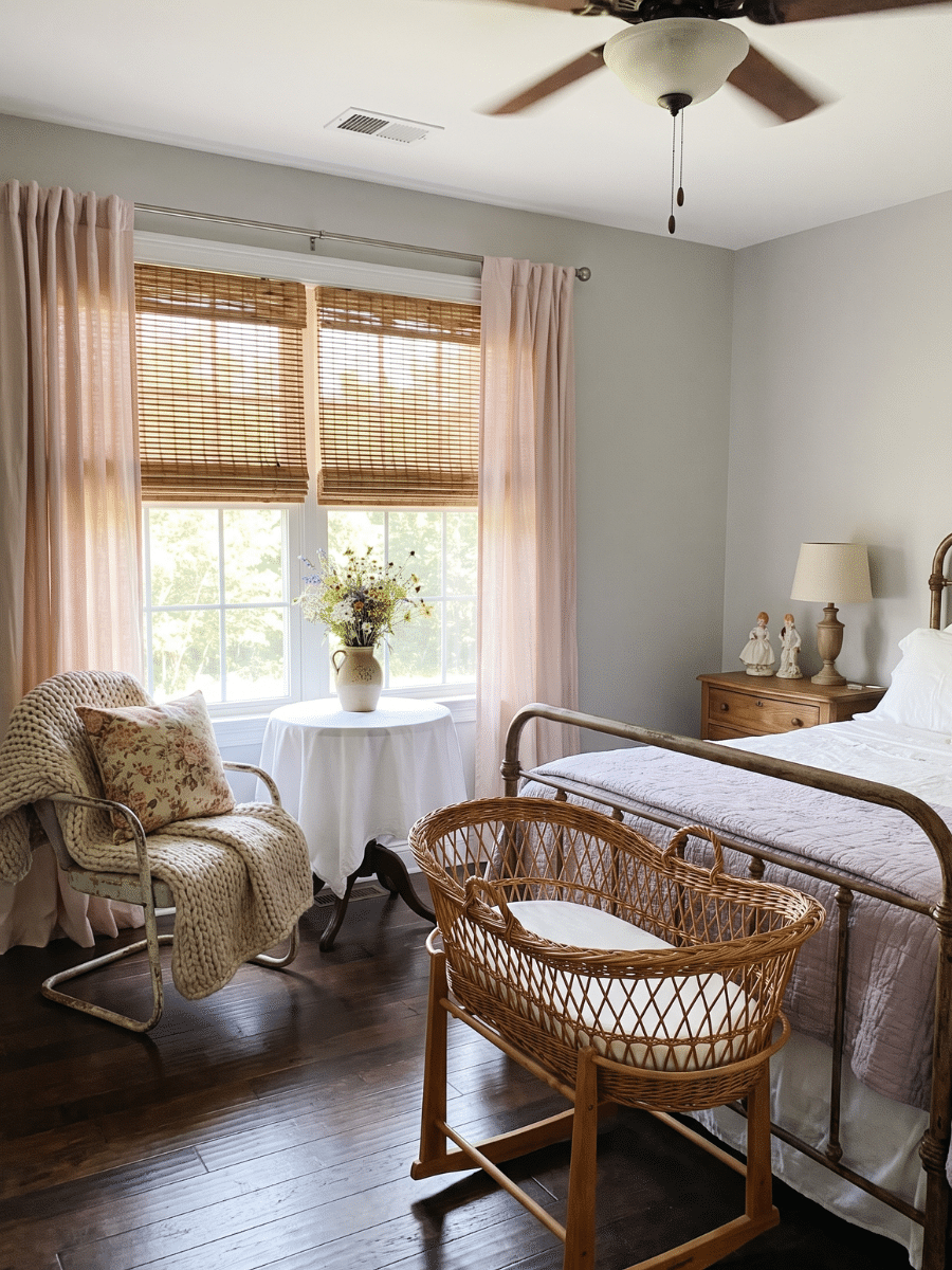Cozy nursery bedroom with high curtain rods and light tones, key to a small room looking bigger.
