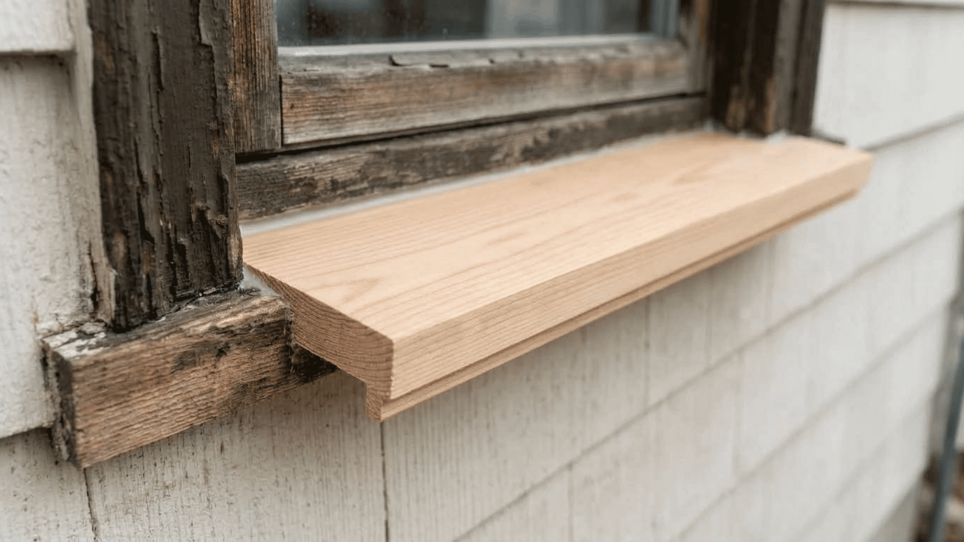 New wooden window sill installed over an old frame during a repair project.
