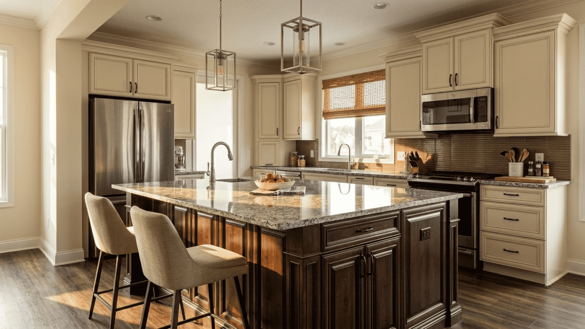 Cream shaker cabinet doors with dark wood island, granite countertop, and modern kitchen appliances.