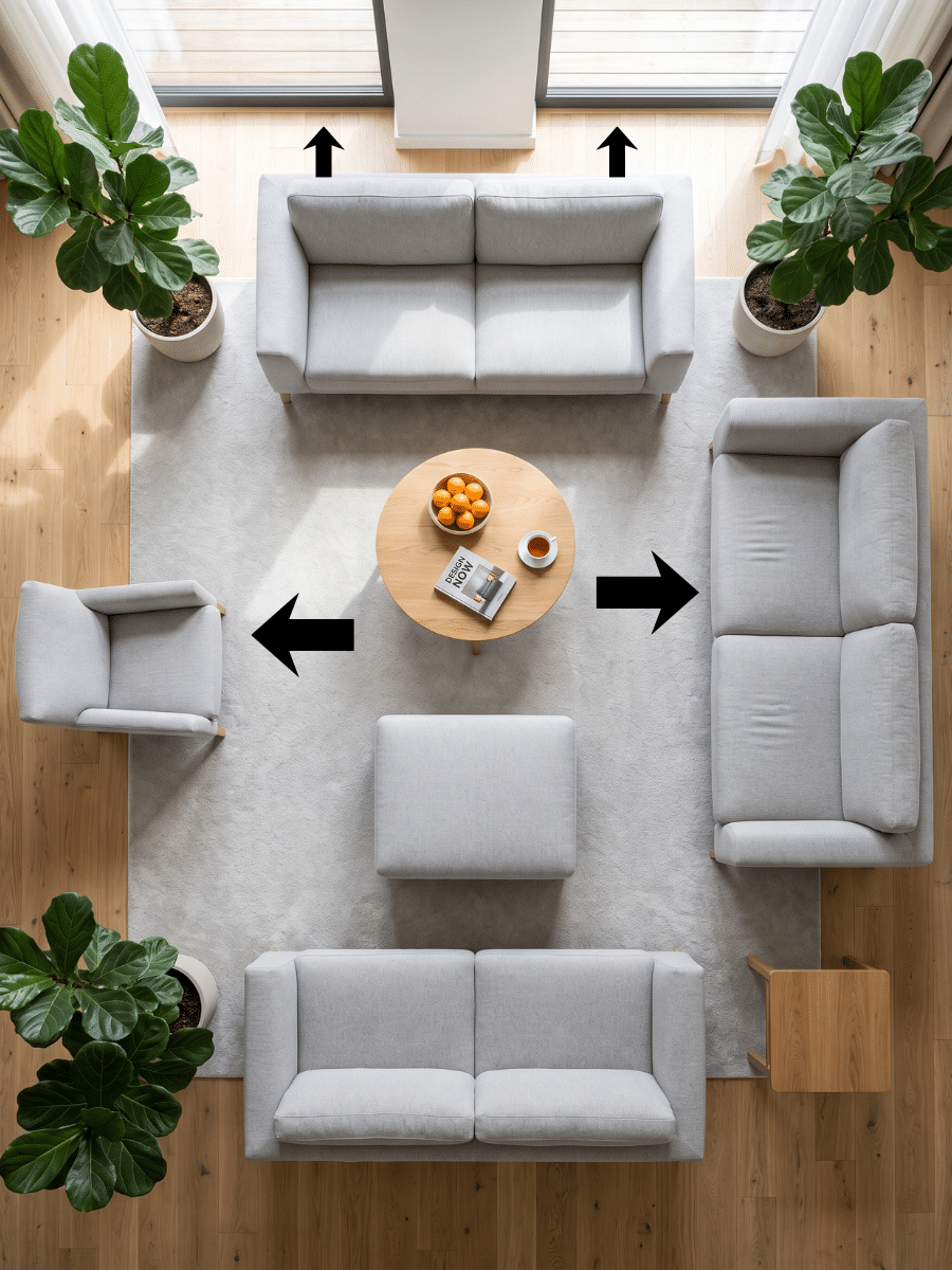 Symmetrical living room setup with light furniture and large rug, making a small room looking bigger.