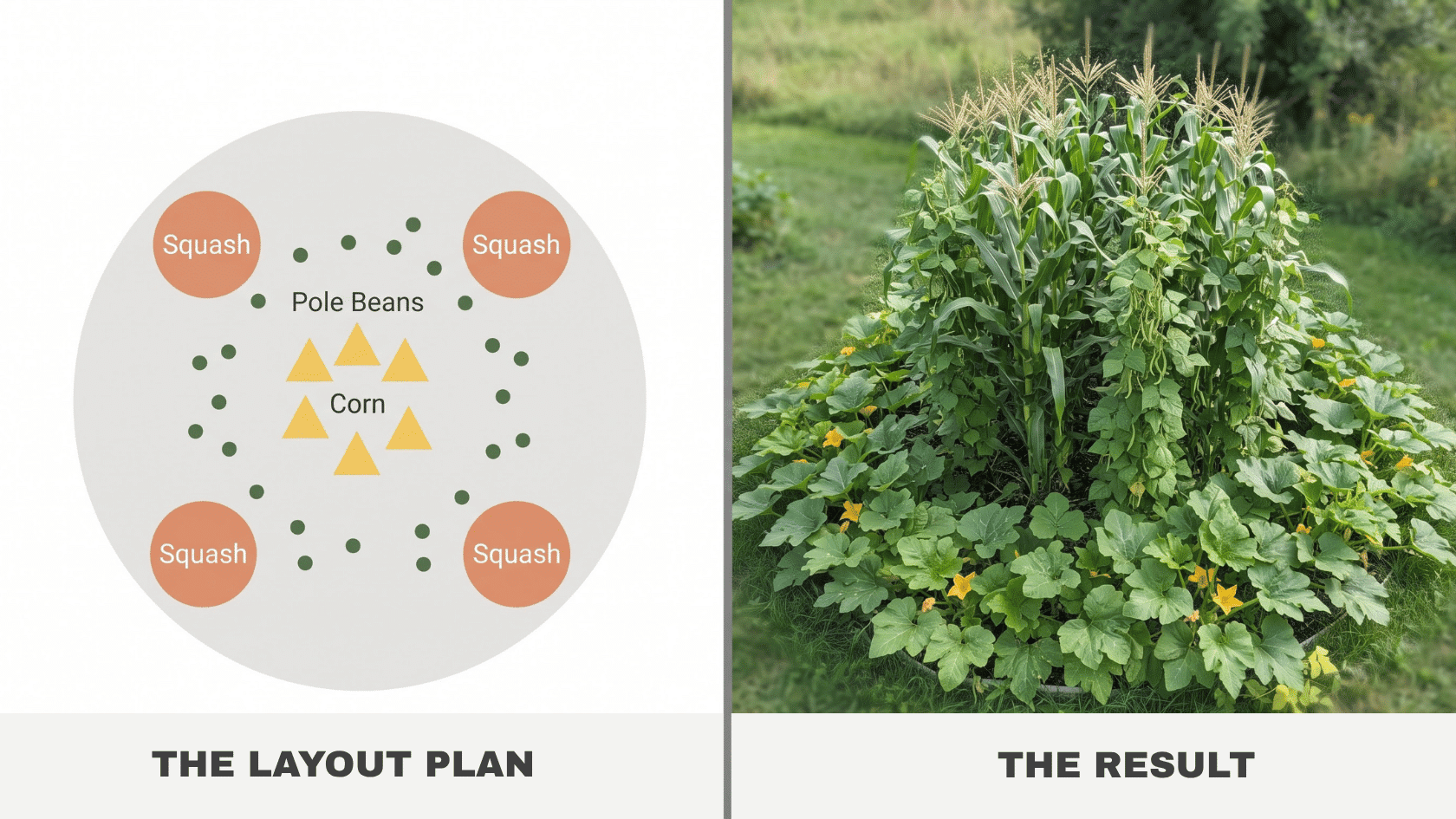 Three Sisters vegetable garden layout diagram and photo showing squash, pole beans, and corn arranged in a circular bed
