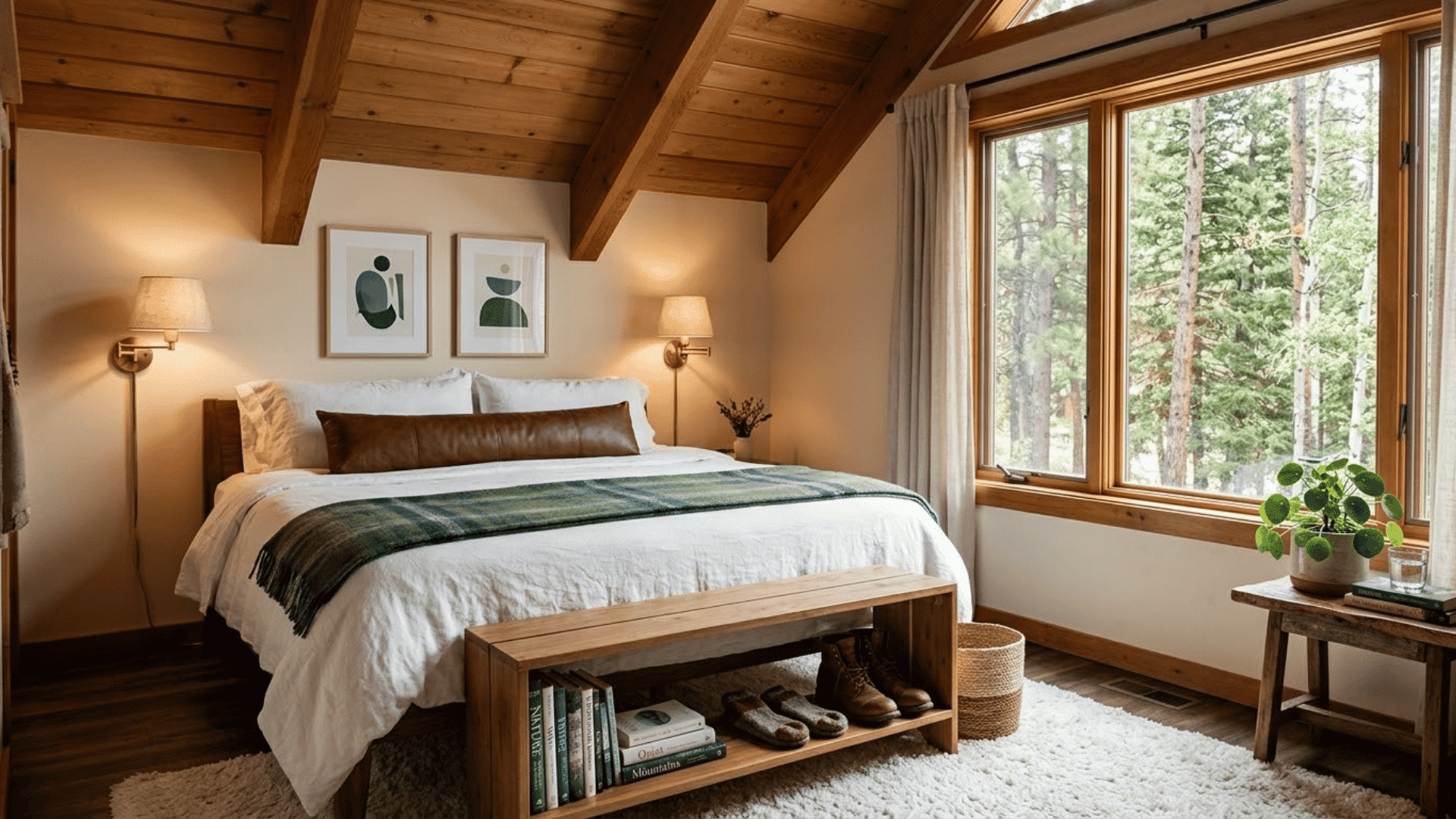 Cozy king bed king bed pillow arrangement, wooden ceiling beams, and large windows overlooking trees