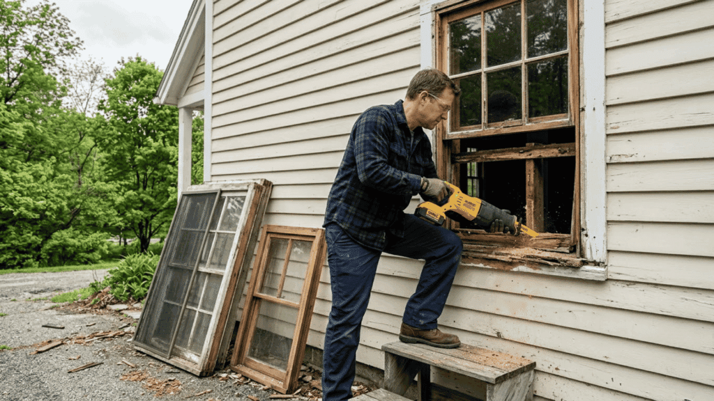 person repairing a damaged window sill on a house exterior using power tools