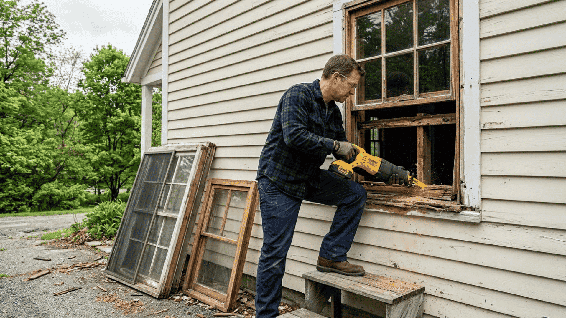 person repairing a damaged window sill on a house exterior using power tools
