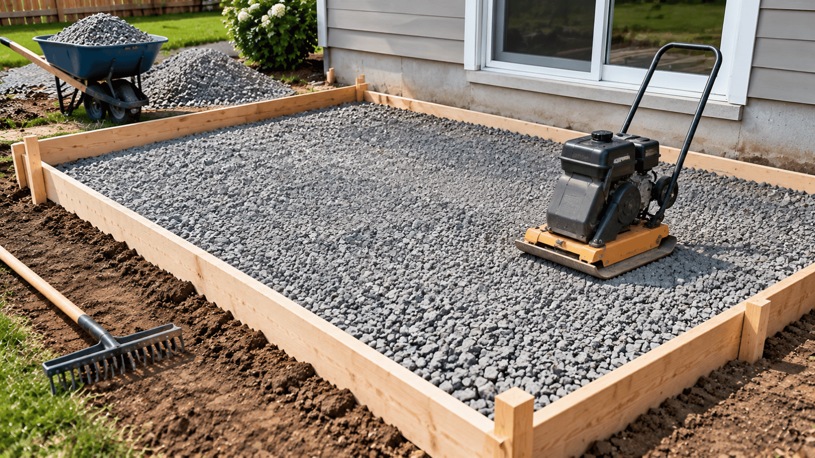 Gravel base being spread and compacted for a stable foundation during this diy concrete patio project outdoors today.