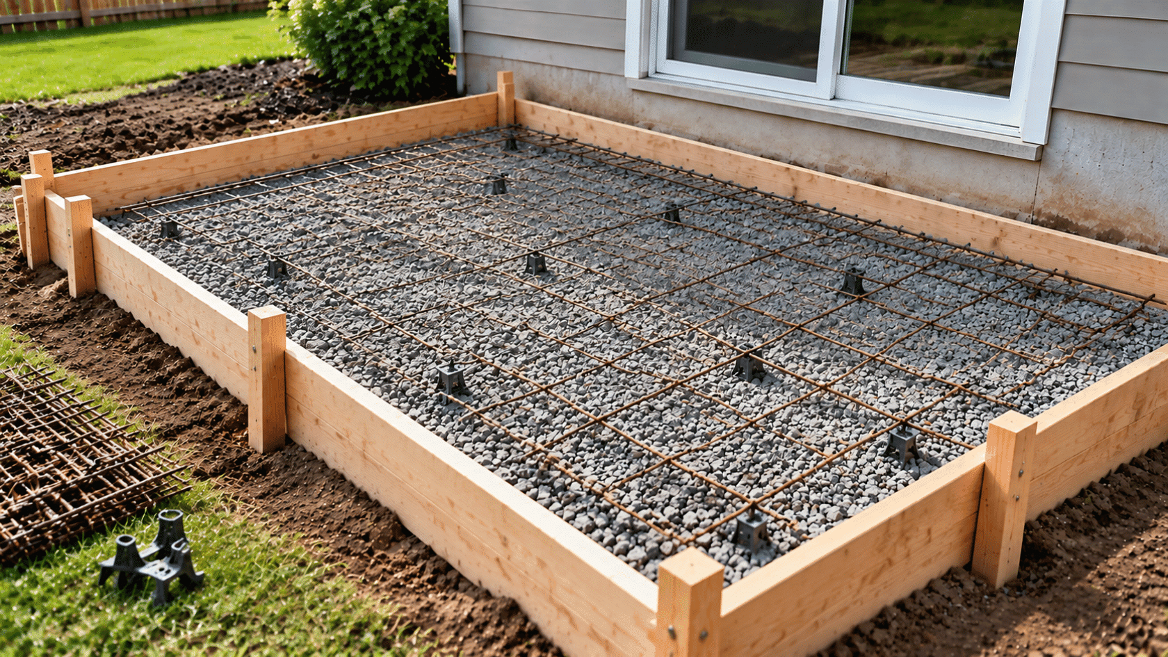 Reinforcement mesh placed over gravel base to strengthen this diy concrete patio slab before pouring concrete safely.