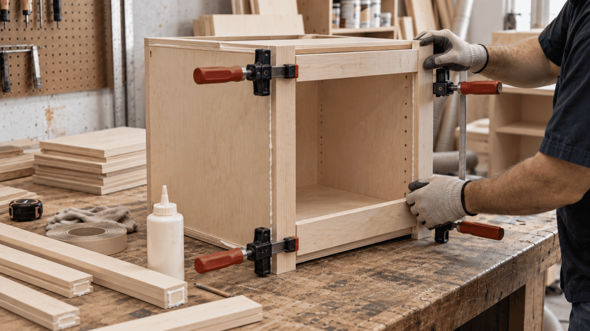 Hands attaching wooden face frame pieces to the front of a cabinet box.