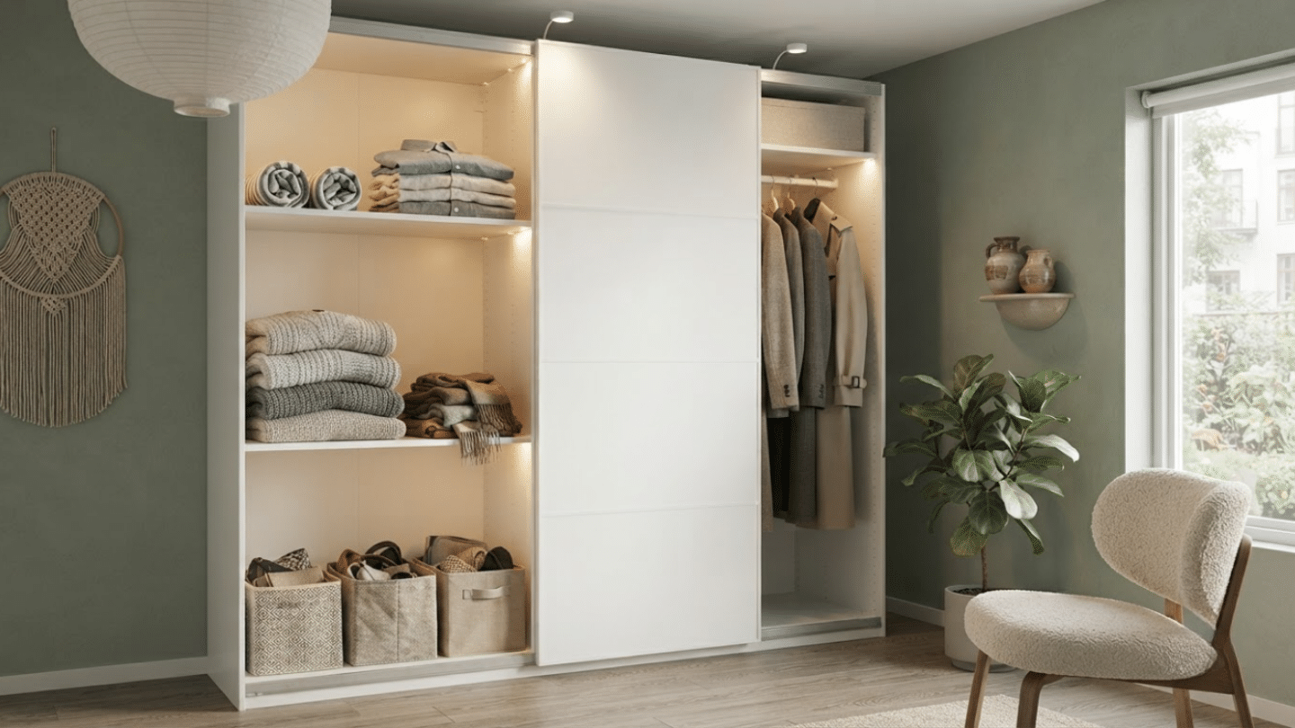 IKEA PAX wardrobes fitted into a bedroom alcove with custom fillers for a seamless built-in look