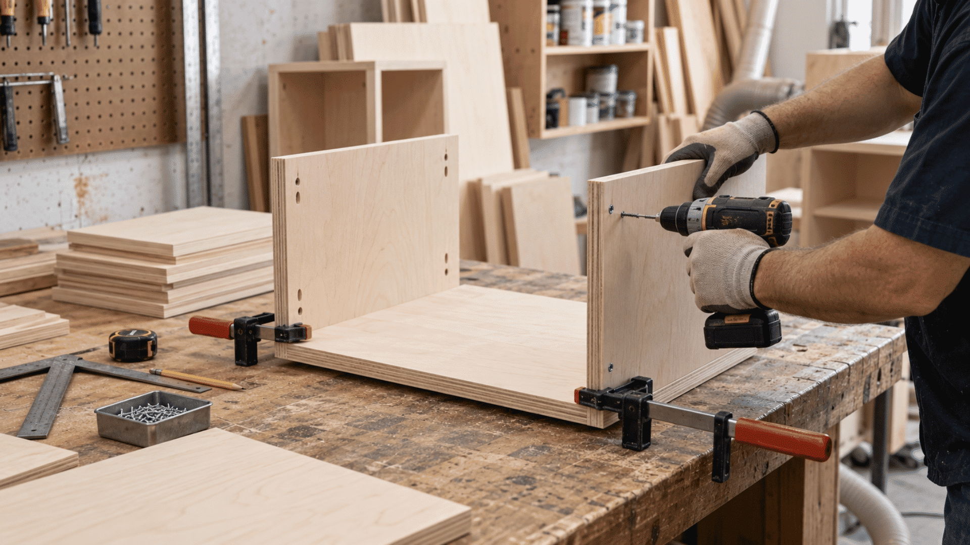 Hands assembling a wooden cabinet box with panels, clamps, and screws on a workbench