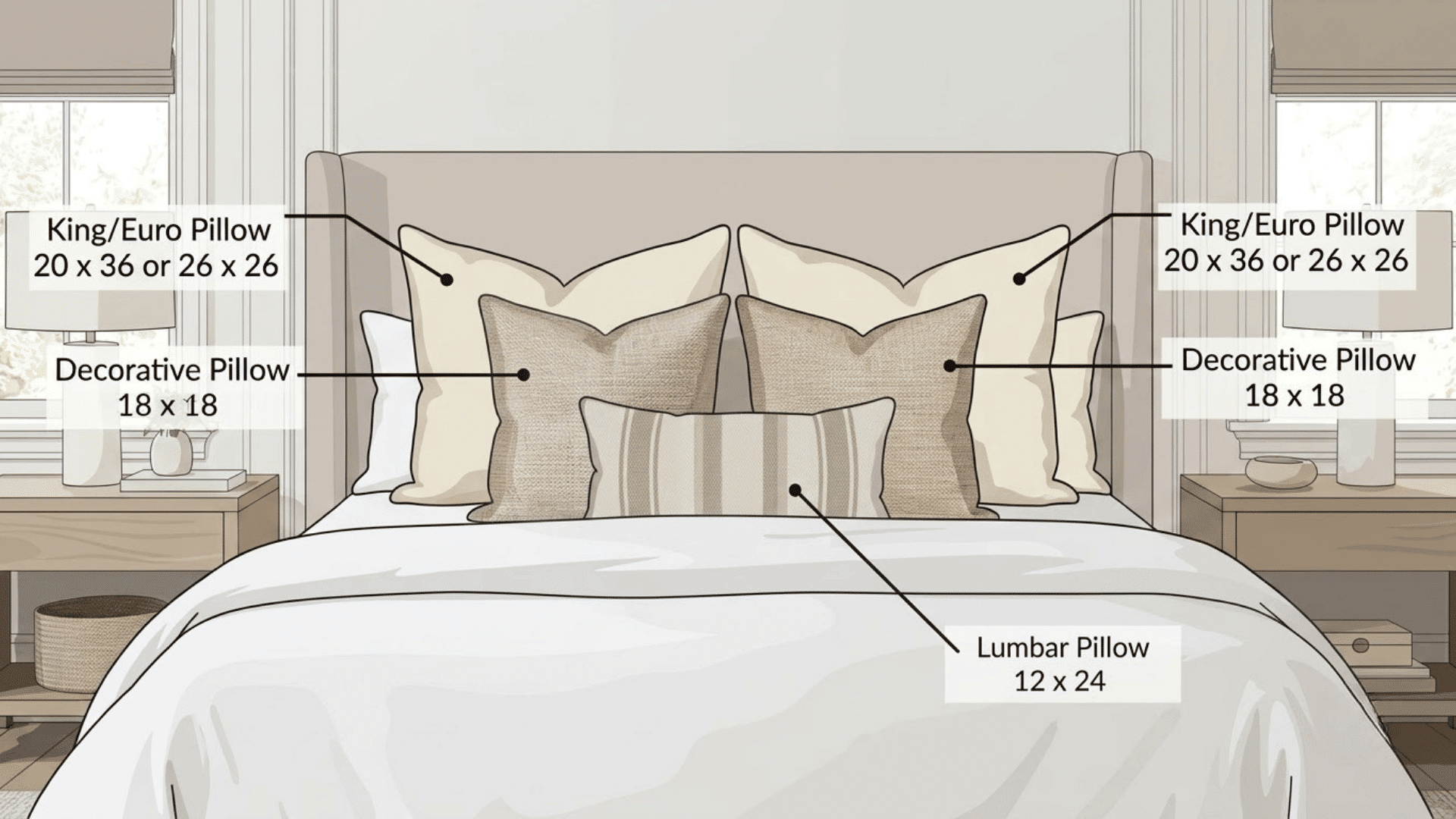 asymmetrical bed pillow arrangement with king, Euro, decorative, and lumbar pillows