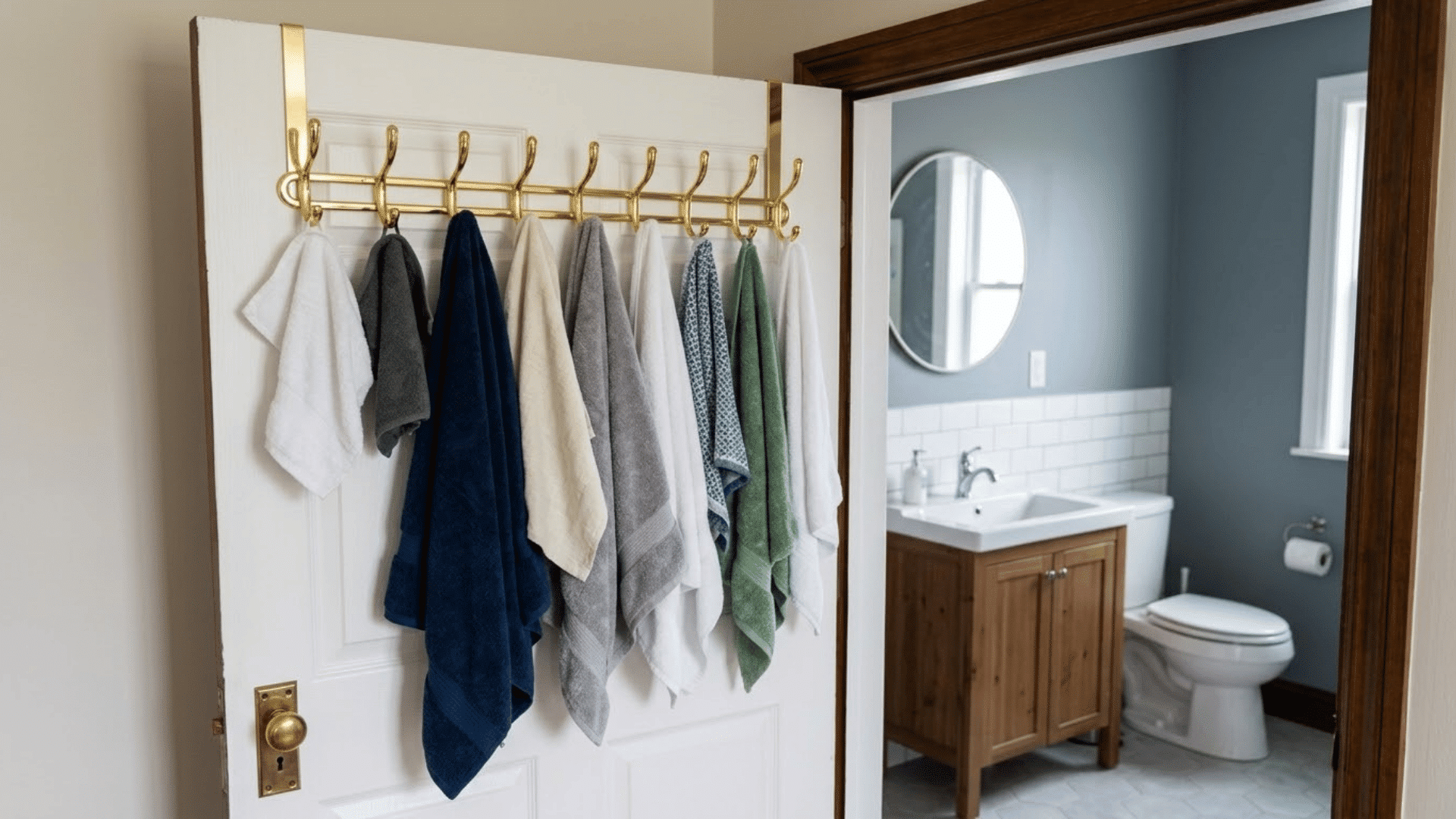 over-the-door towel rack with multiple hanging towels in a bathroom with a vanity, mirror, and toilet