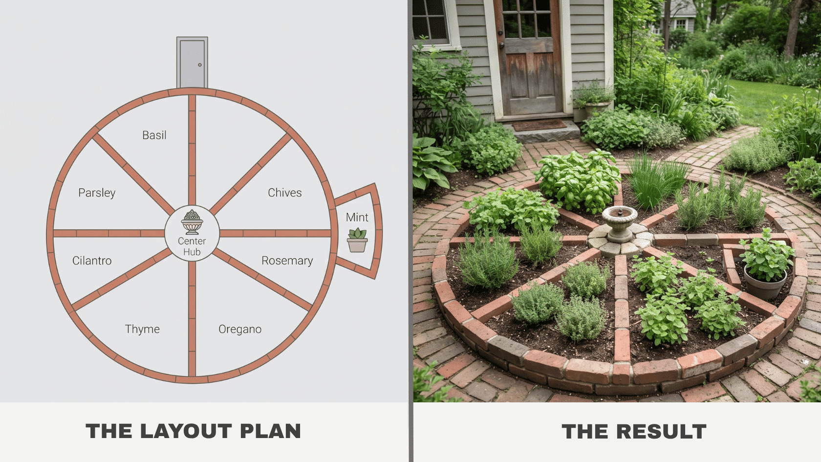 Backdoor culinary herb wheel vegetable garden layout plan and real photo with brick spokes dividing basil, rosemary, thyme, and fresh mint