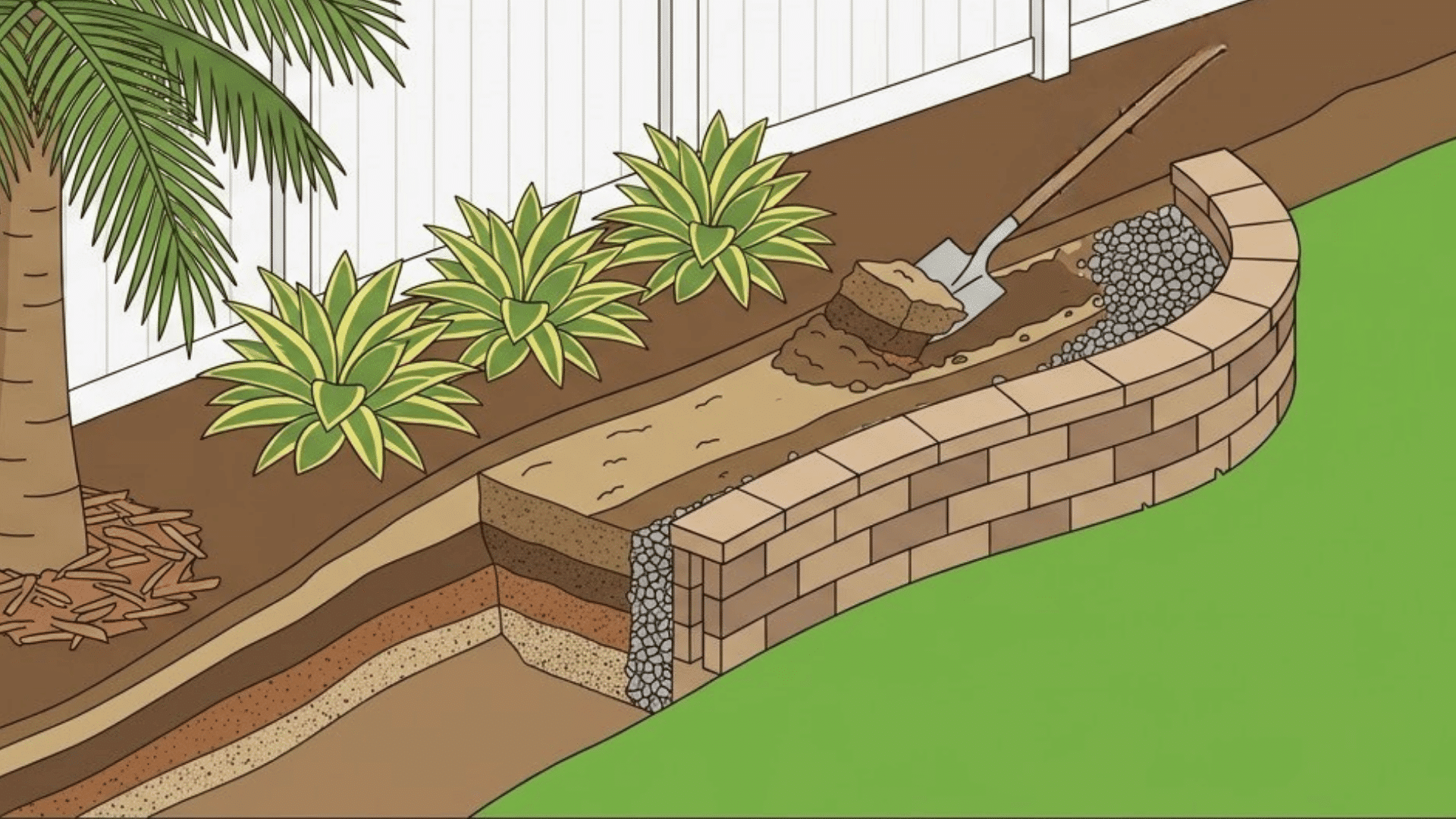 Soil backfilled in layers behind the completed curved retaining wall with drainage maintained