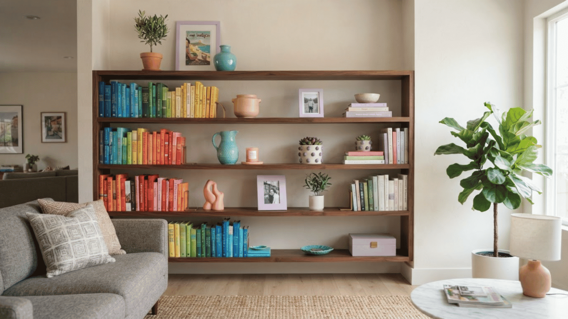 Balanced bookshelf combining books, colorful decor, and personal accessories