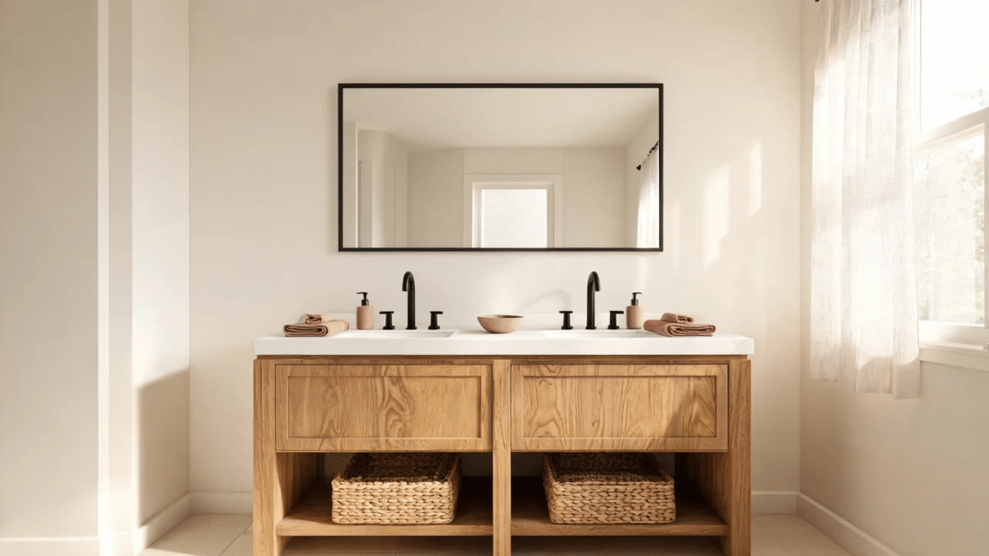 Modern farmhouse bathroom with oak vanity, white surfaces, black fixtures, and light wine accents