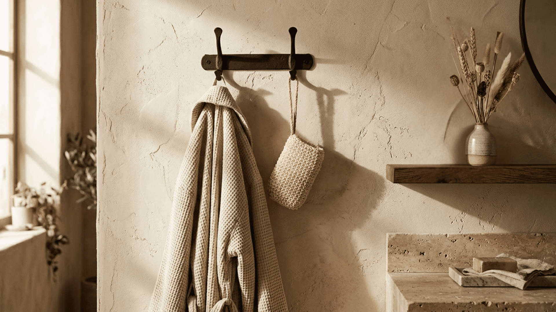 wall-mounted hooks holding a bathrobe and loofah beside a wooden bathroom shelf
