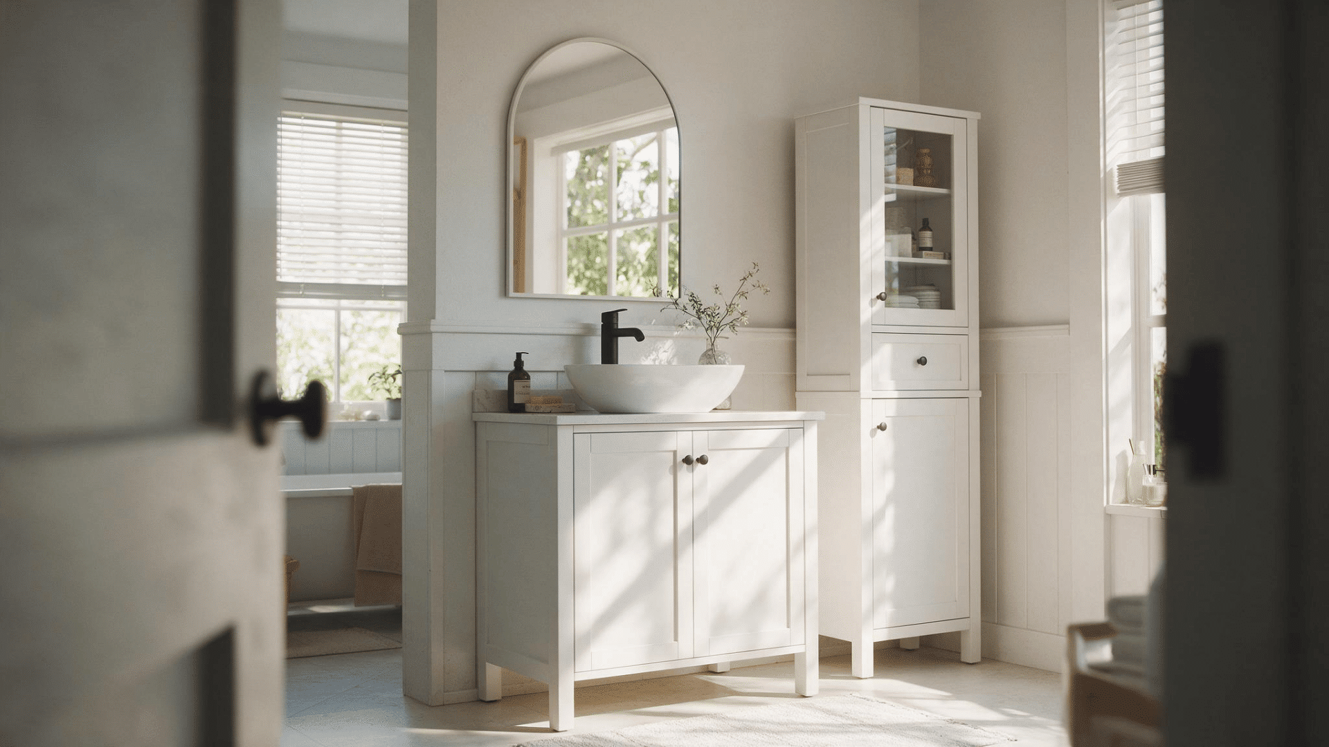 white bathroom vanity with a matching freestanding storage cabinet and glass-front upper section