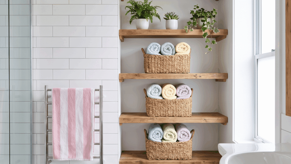 tall freestanding bathroom shelf with folded towels, toiletries, plants, and a woven storage basket