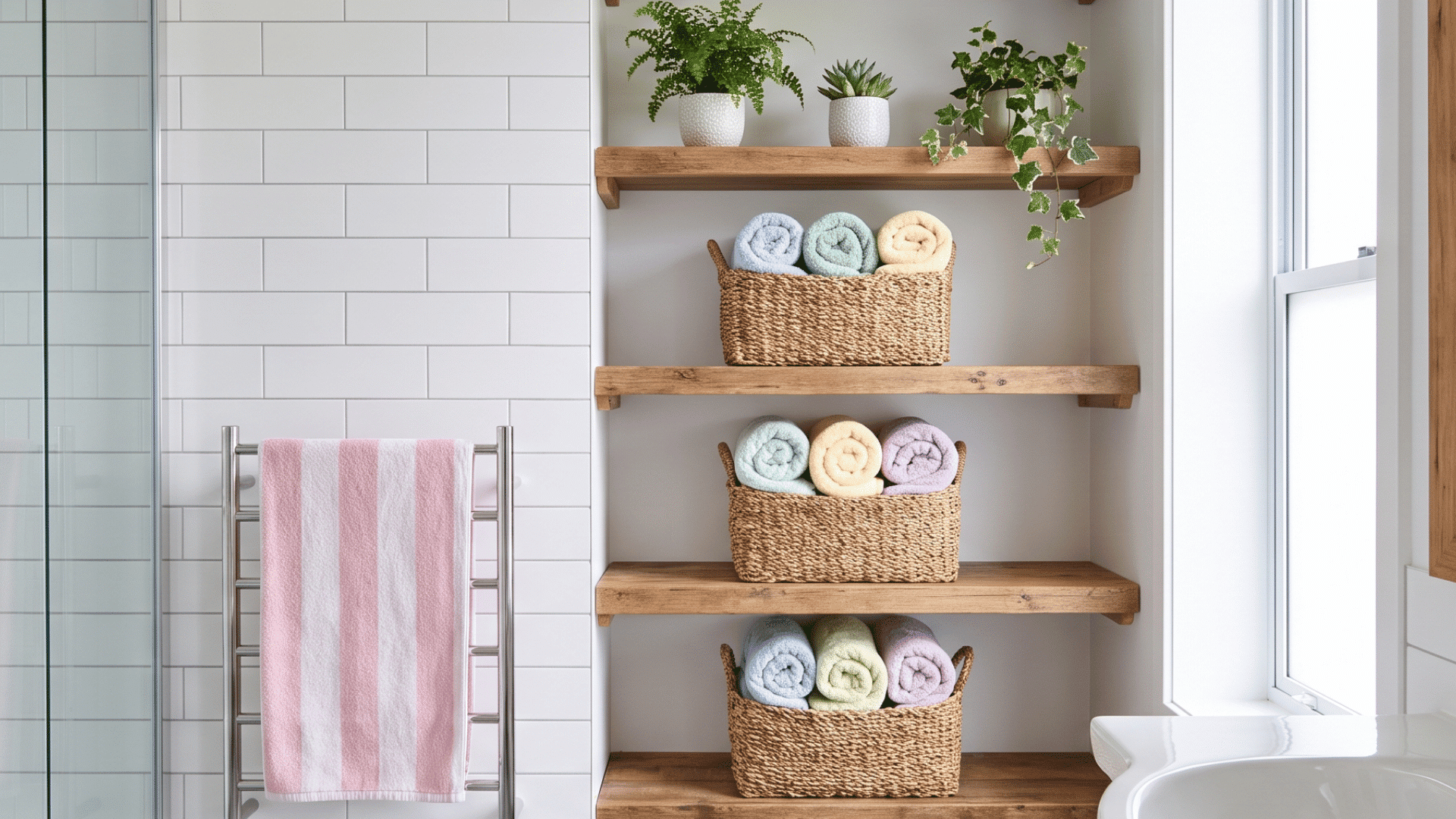 tall freestanding bathroom shelf with folded towels, toiletries, plants, and a woven storage basket