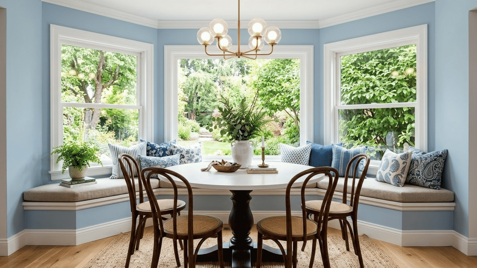 bright bay window dining nook with built-in seating, table, chairs, and blue decor