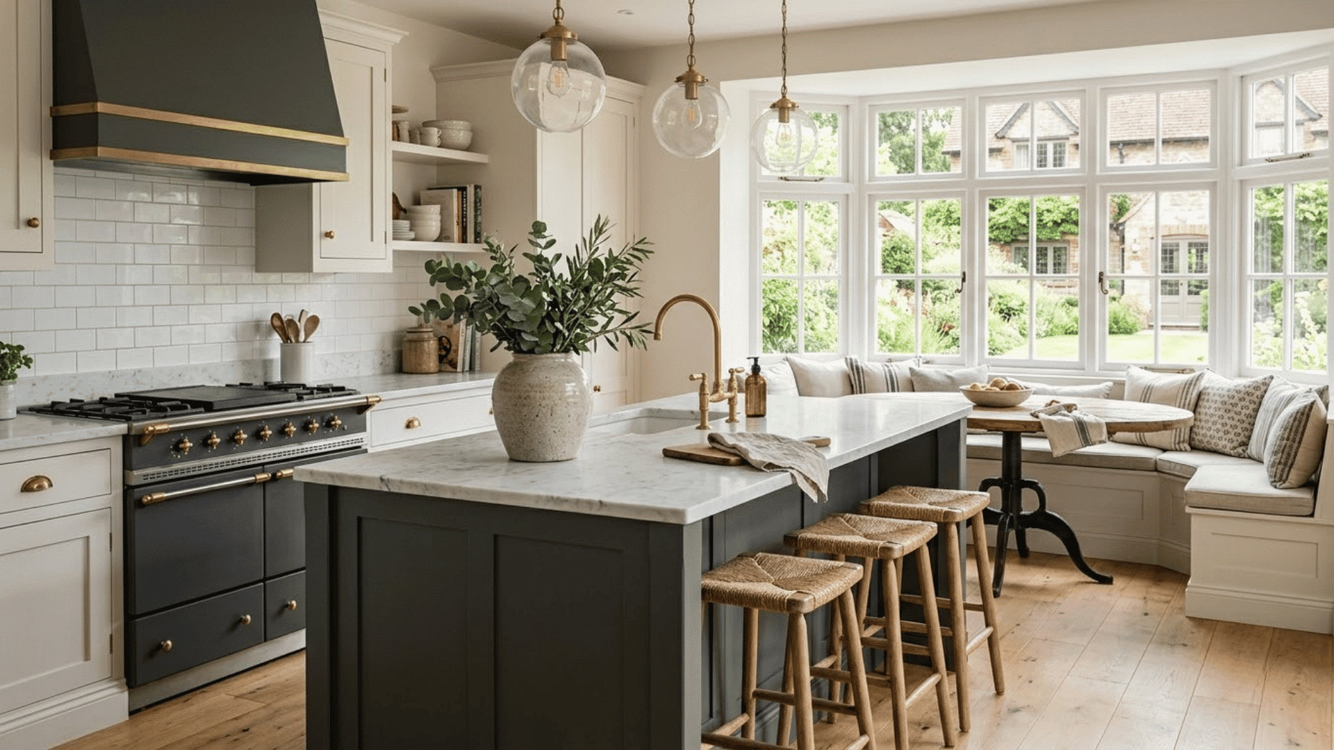 modern kitchen with island, pendant lights, and a bright bay window seating area