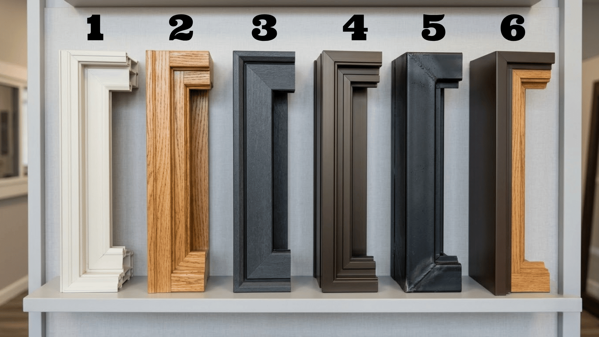 window frame material samples displayed in different colors, finishes, and wood grain styles