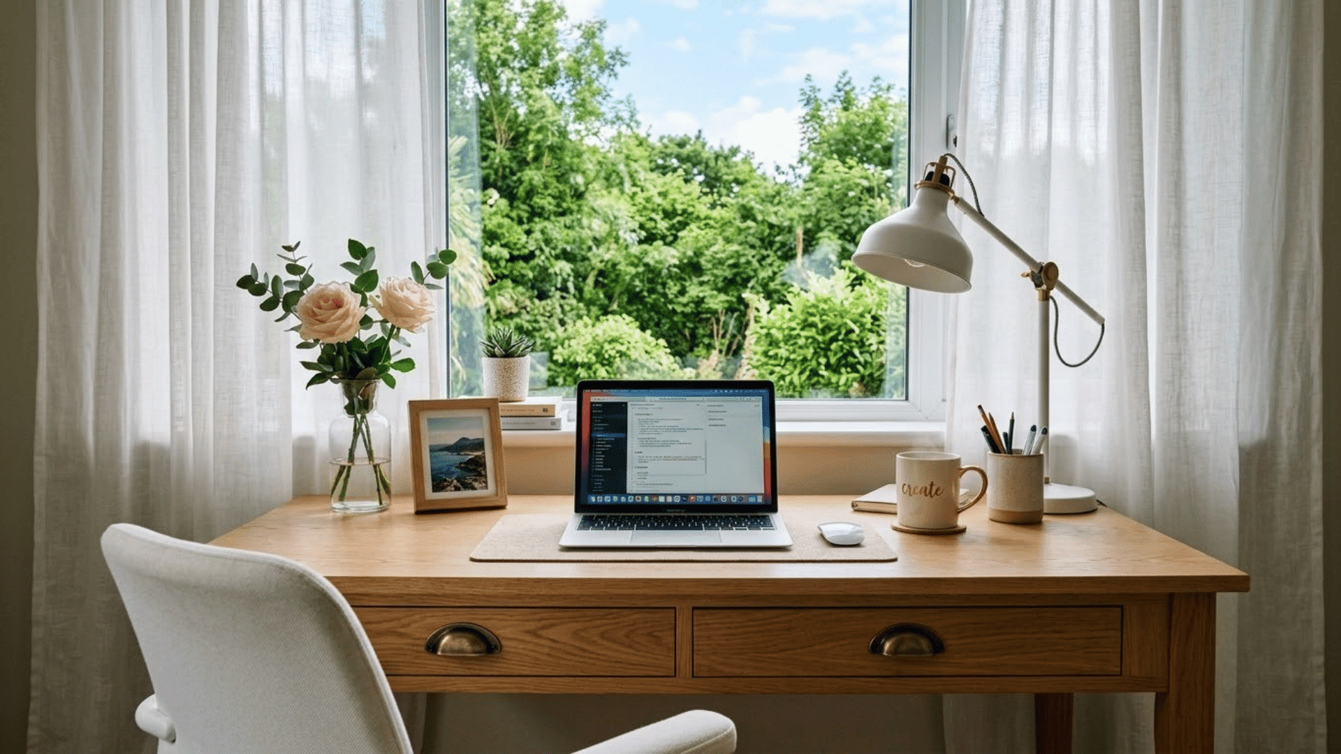 home office desk with laptop, lamp, chair, and window view with natural light