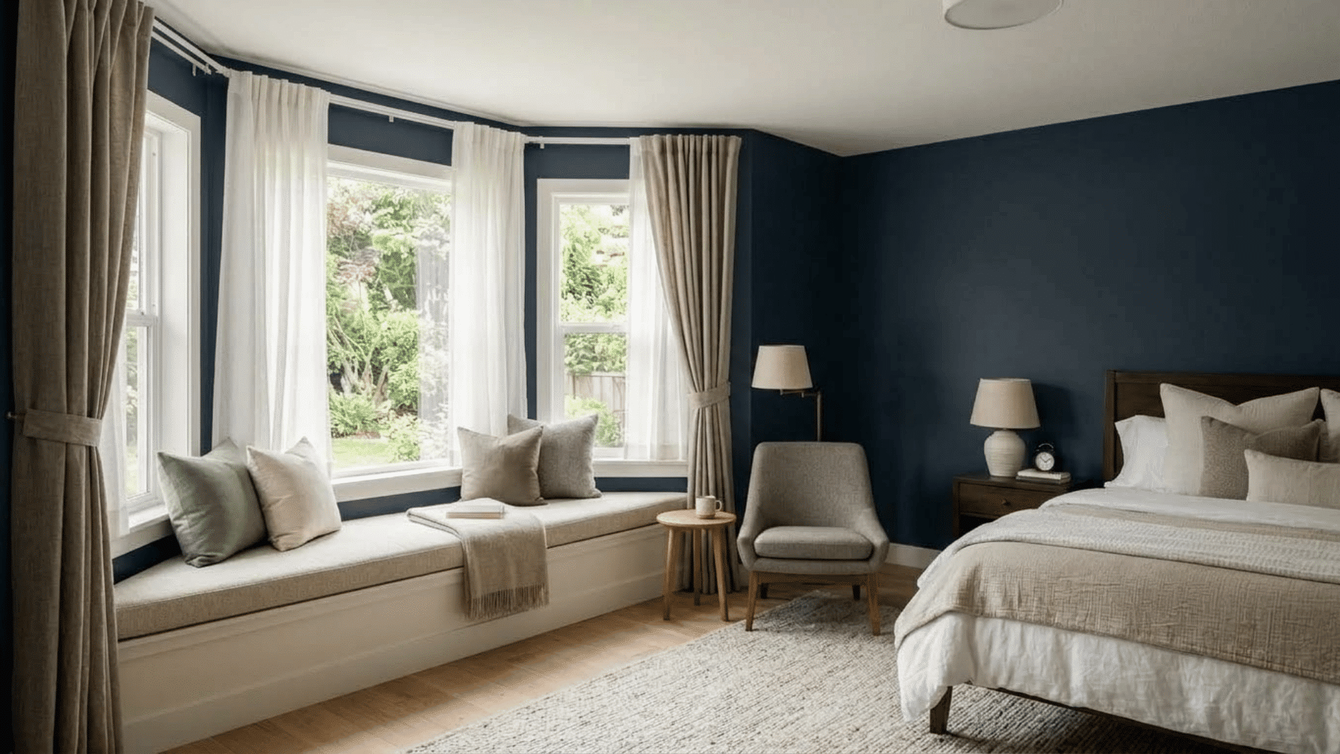 spacious living room with piano, fireplace, blue sofas, large windows, and garden views