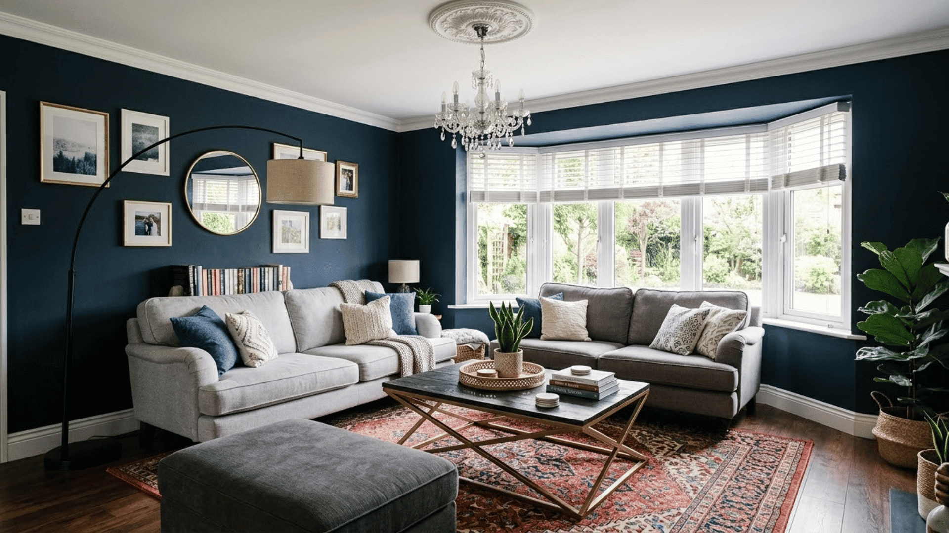 cozy living room with navy walls, sofas, bay window, chandelier, and patterned rug