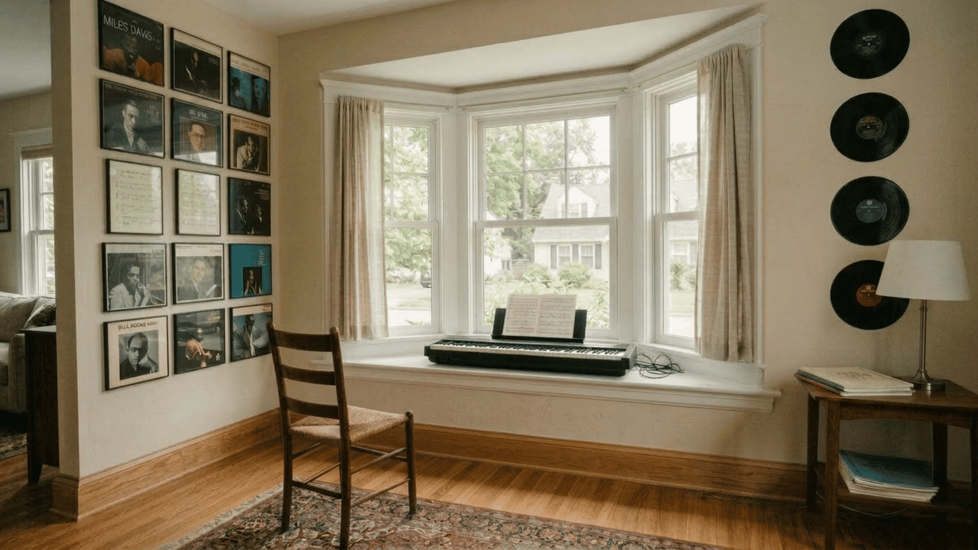 bay window music nook with keyboard, chair, vinyl records, and framed album wall art