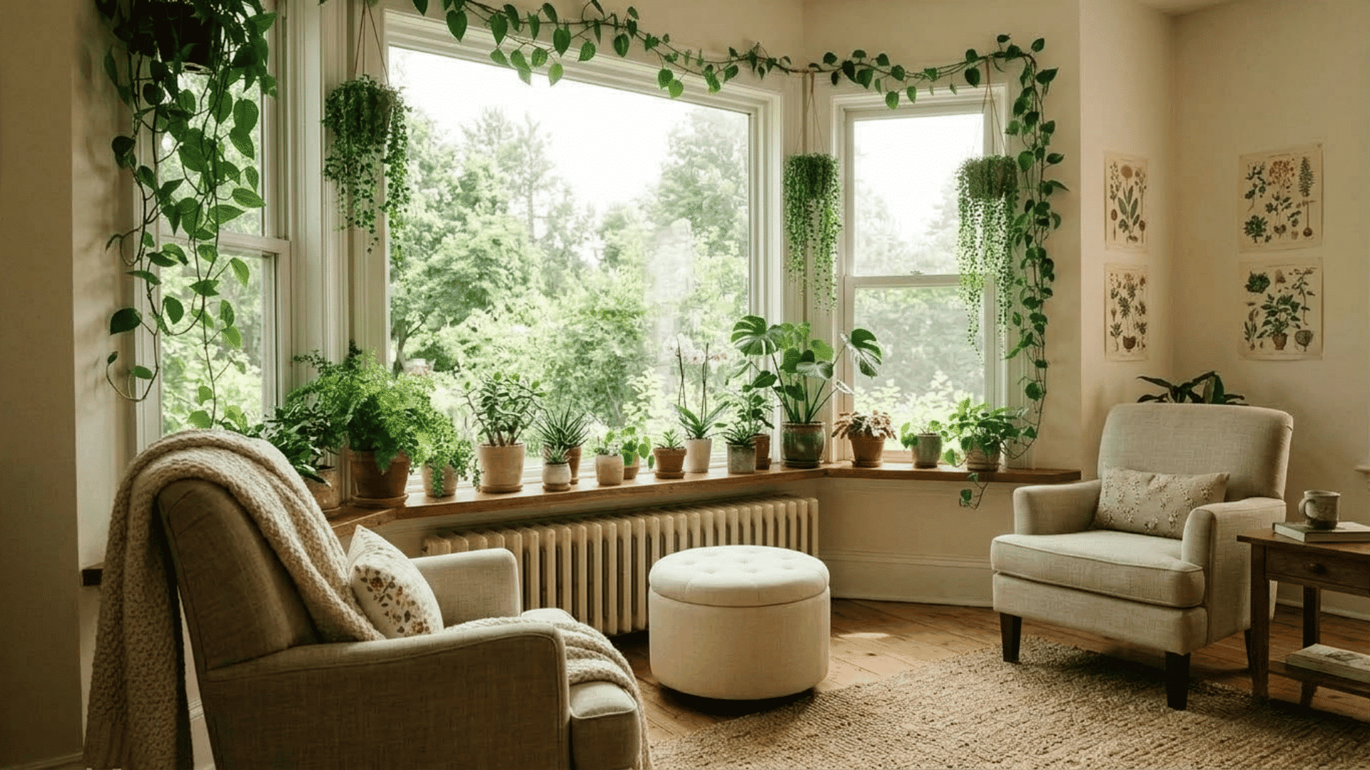 bay window seating area filled with houseplants, hanging vines, chairs, and natural light