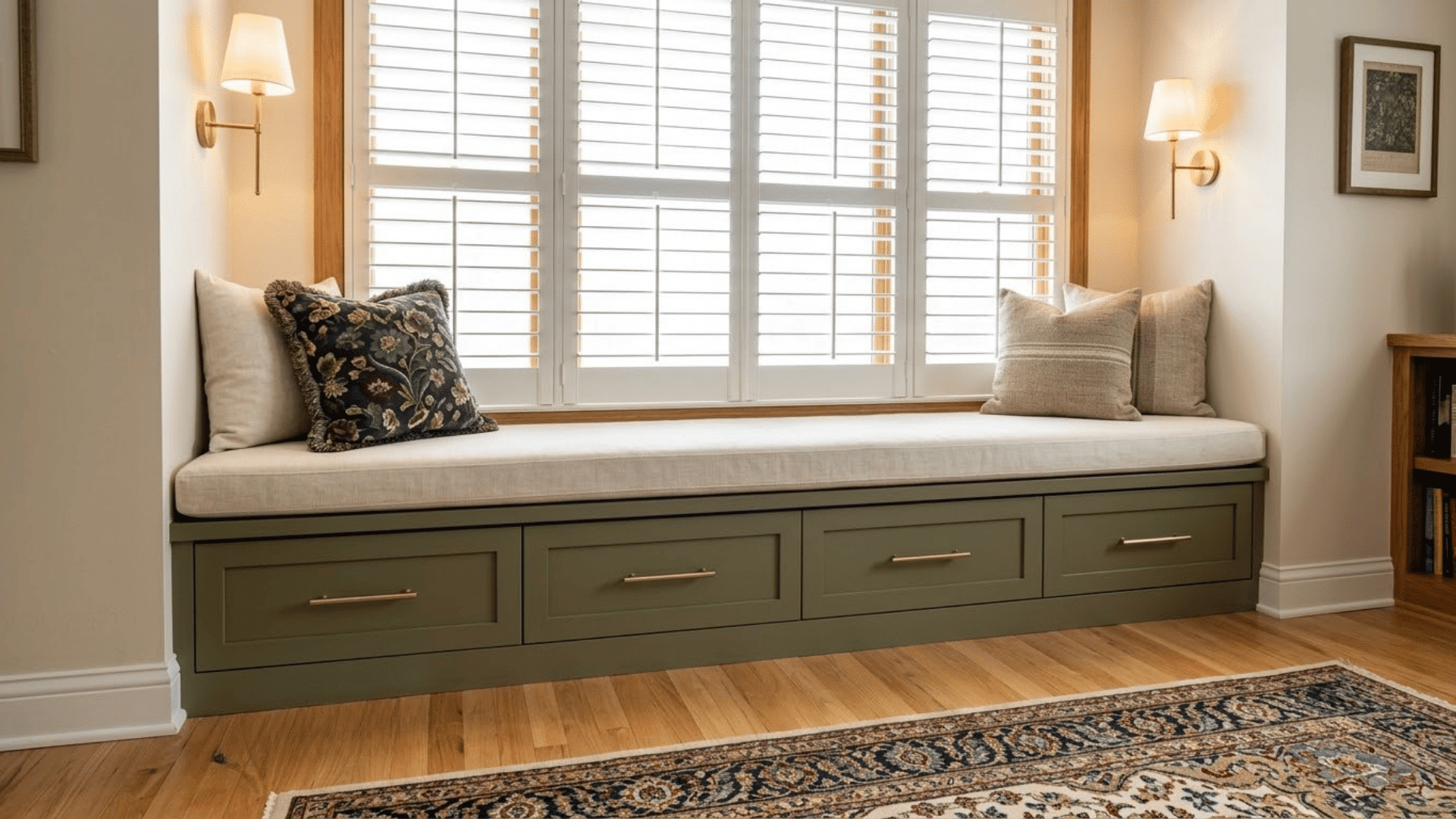 bay window seat with built-in storage drawers, cushions, and decorative pillows