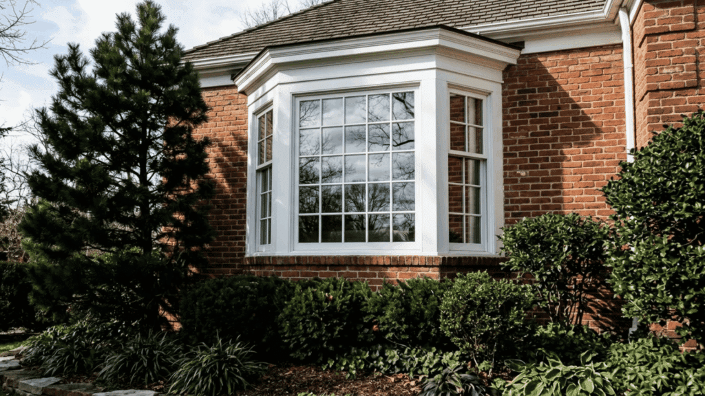 exterior brick home with a white bay window surrounded by landscaped greenery