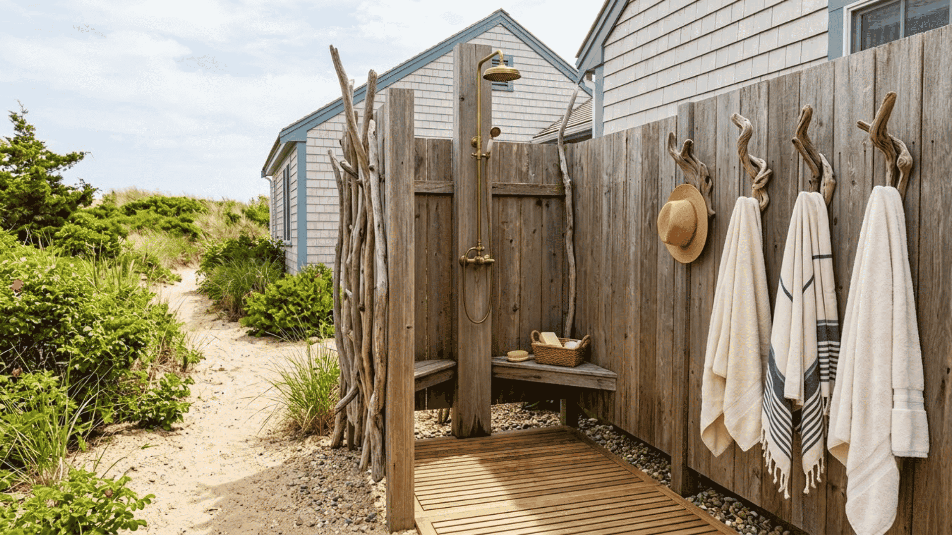 Beach-inspired outdoor shower with wooden privacy enclosure, towel hooks, bench seating, driftwood accents, and coastal landscaping