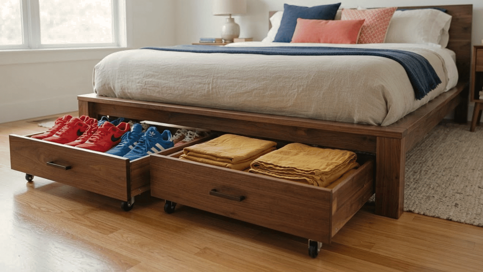 Rolling bed frame storage drawers slide underneath furniture to organize clothing, shoes, and linens out of sight.