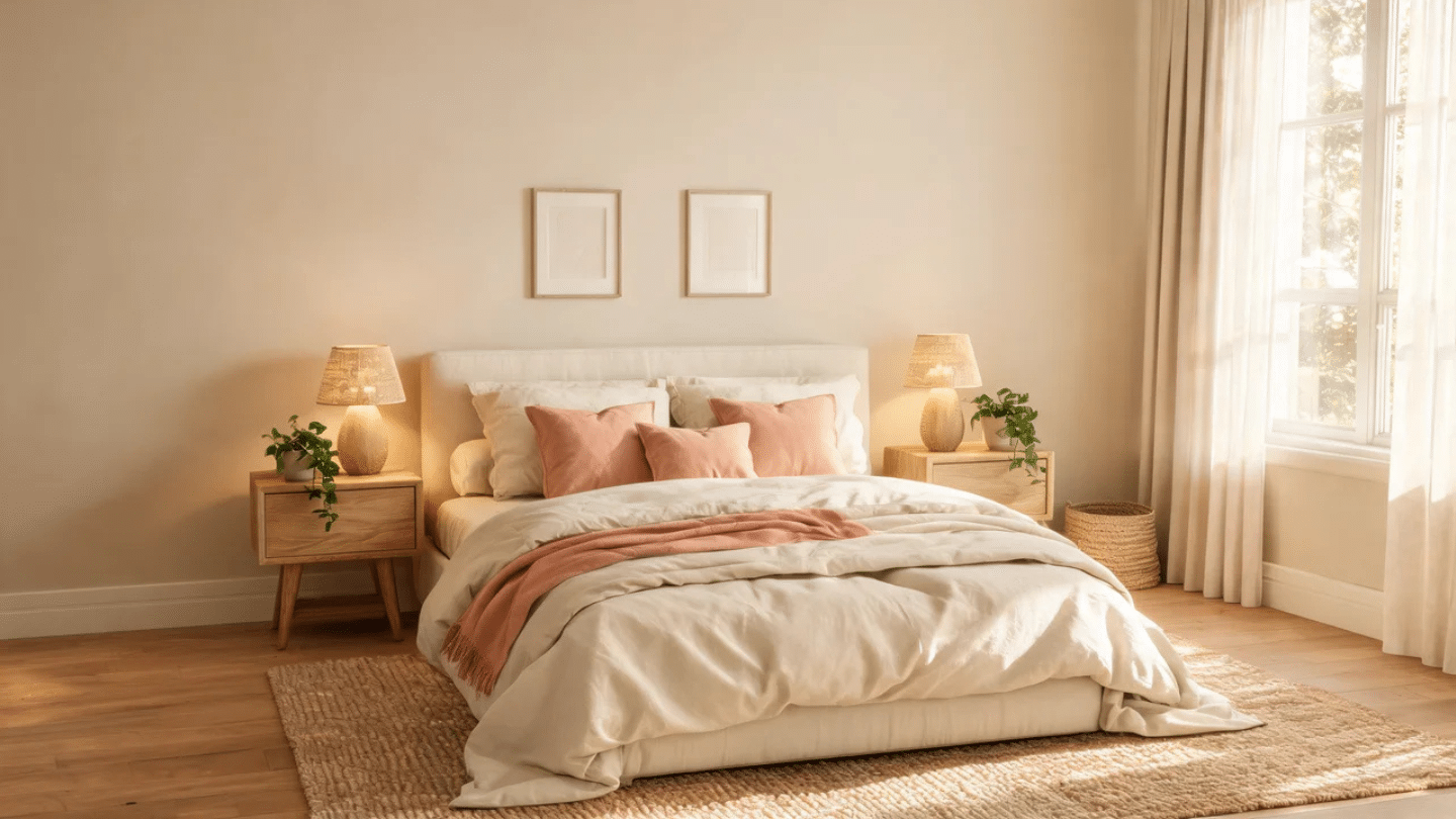Modern farmhouse bedroom with linen bedding, natural wood furniture, peach accents, and warm lighting