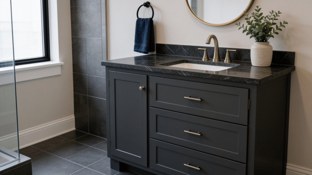 Dark charcoal single-sink bathroom vanity with shaker-style cabinets, drawers, and a dark stone countertop.