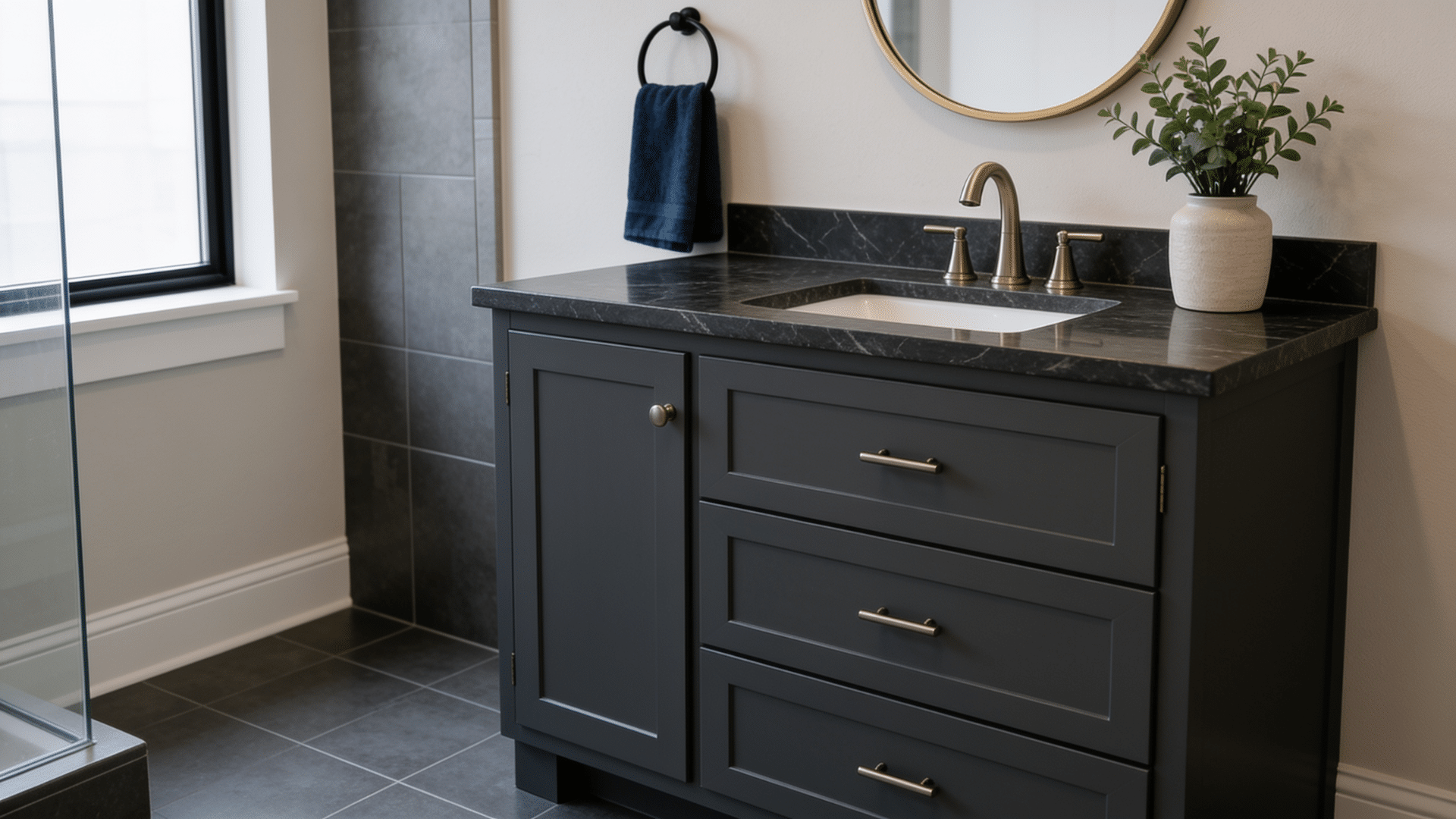 Dark charcoal single-sink bathroom vanity with shaker-style cabinets, drawers, and a dark stone countertop.