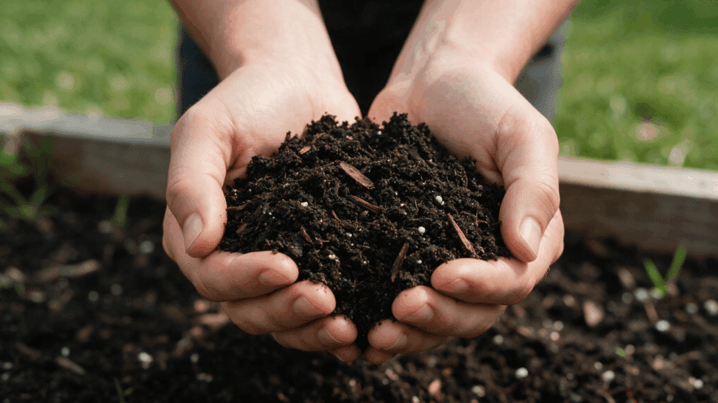 Hands holding the best soil for raised garden beds in a prepared planter box