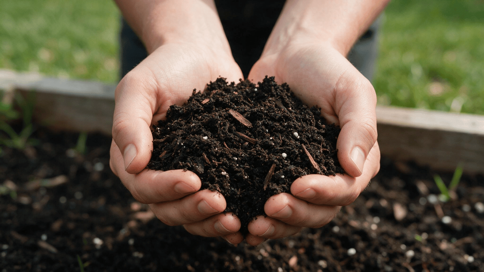 Hands holding the best soil for raised garden beds in a prepared planter box