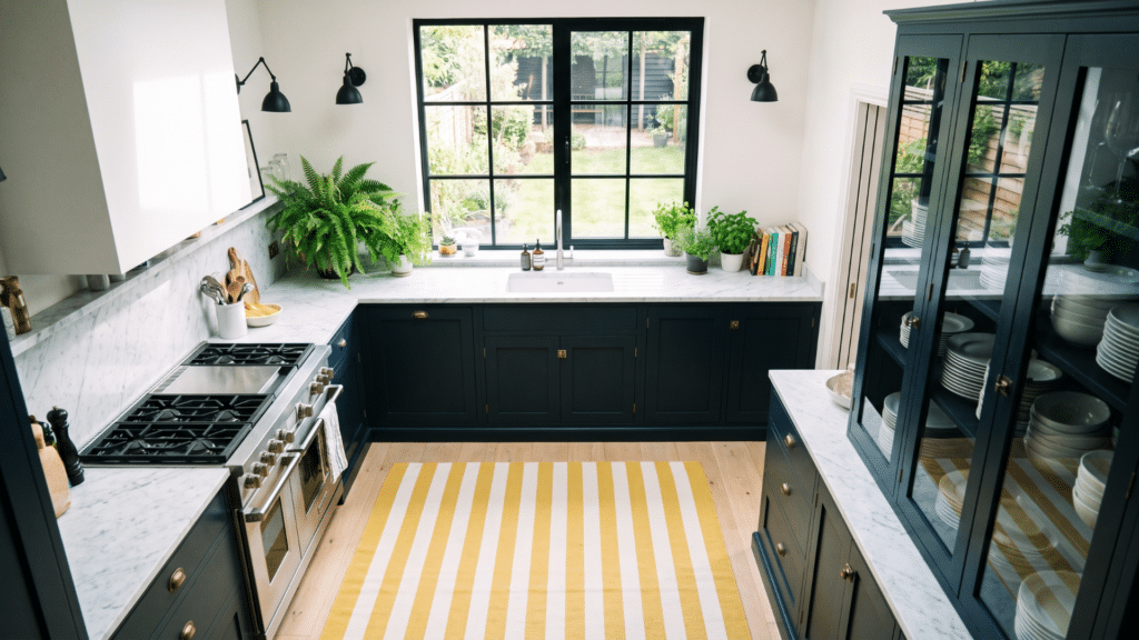 Black and white kitchen with a cream diamond rug placed over a larger black patterned rug for added texture in a living room.