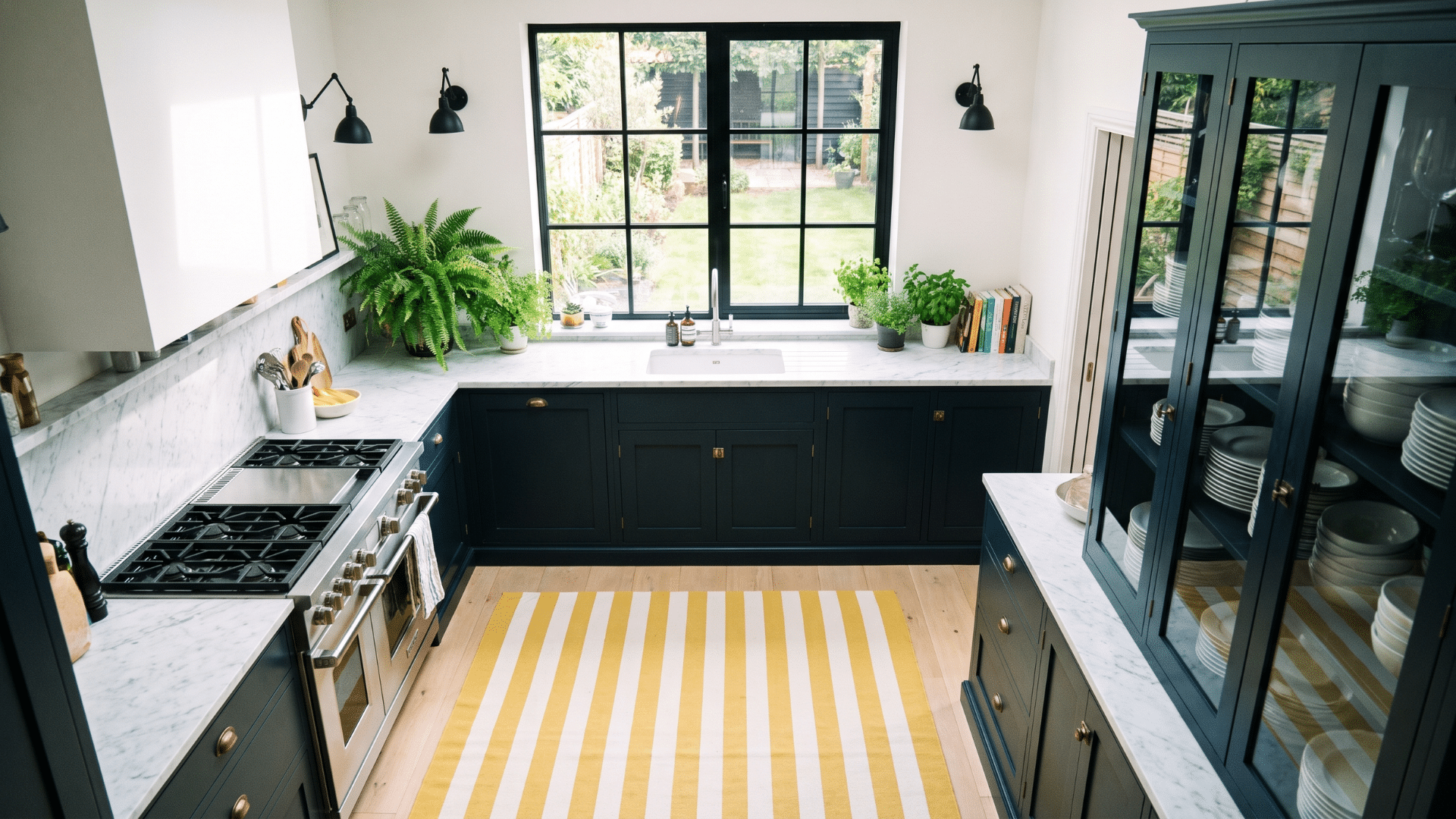 Black and white kitchen with a cream diamond rug placed over a larger black patterned rug for added texture in a living room.