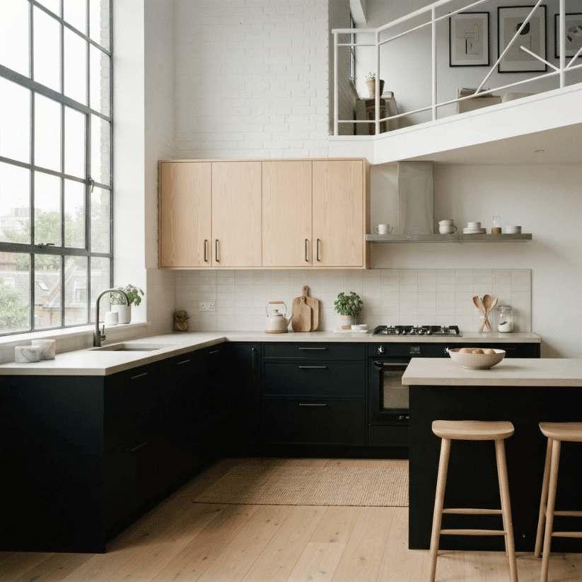 black lower cabinet light ash wood upper