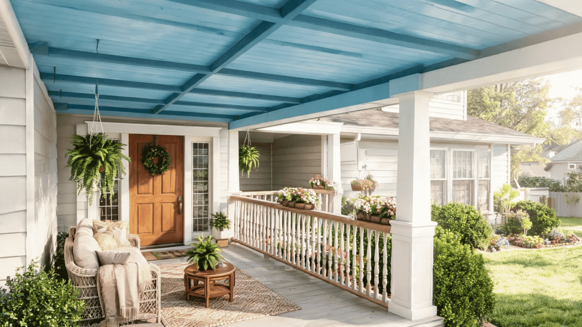 Blue porch ceilings create a cooler, brighter, and more inviting outdoor seating area