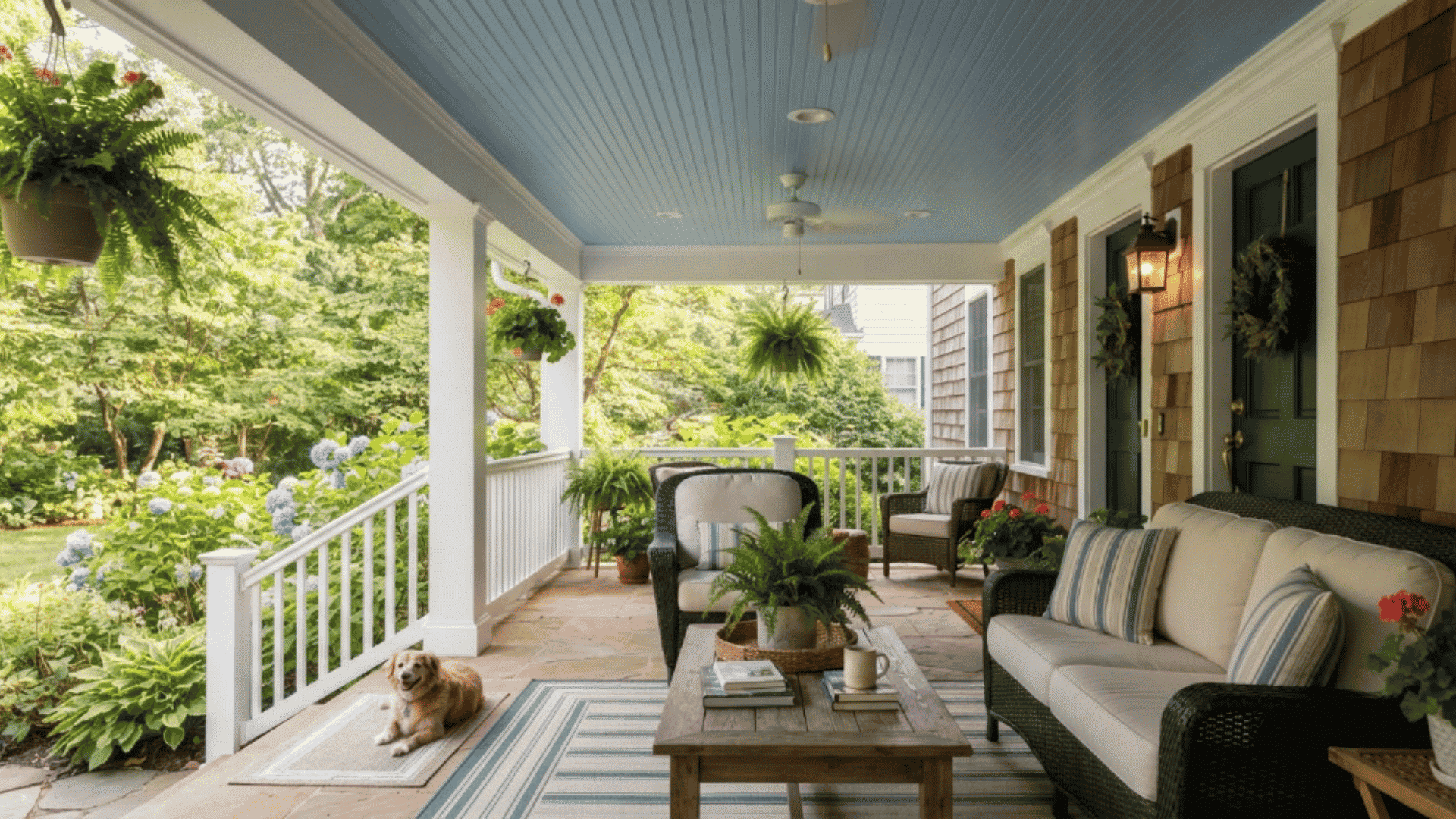 Blue porch ceiling adding charm and a relaxing feel to a stylish outdoor living space