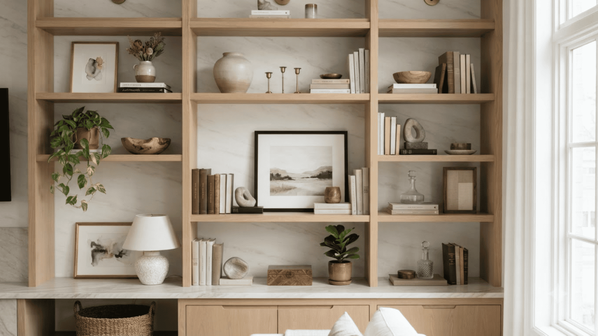 Books arranged vertically and horizontally with colorful bookshelf decor
