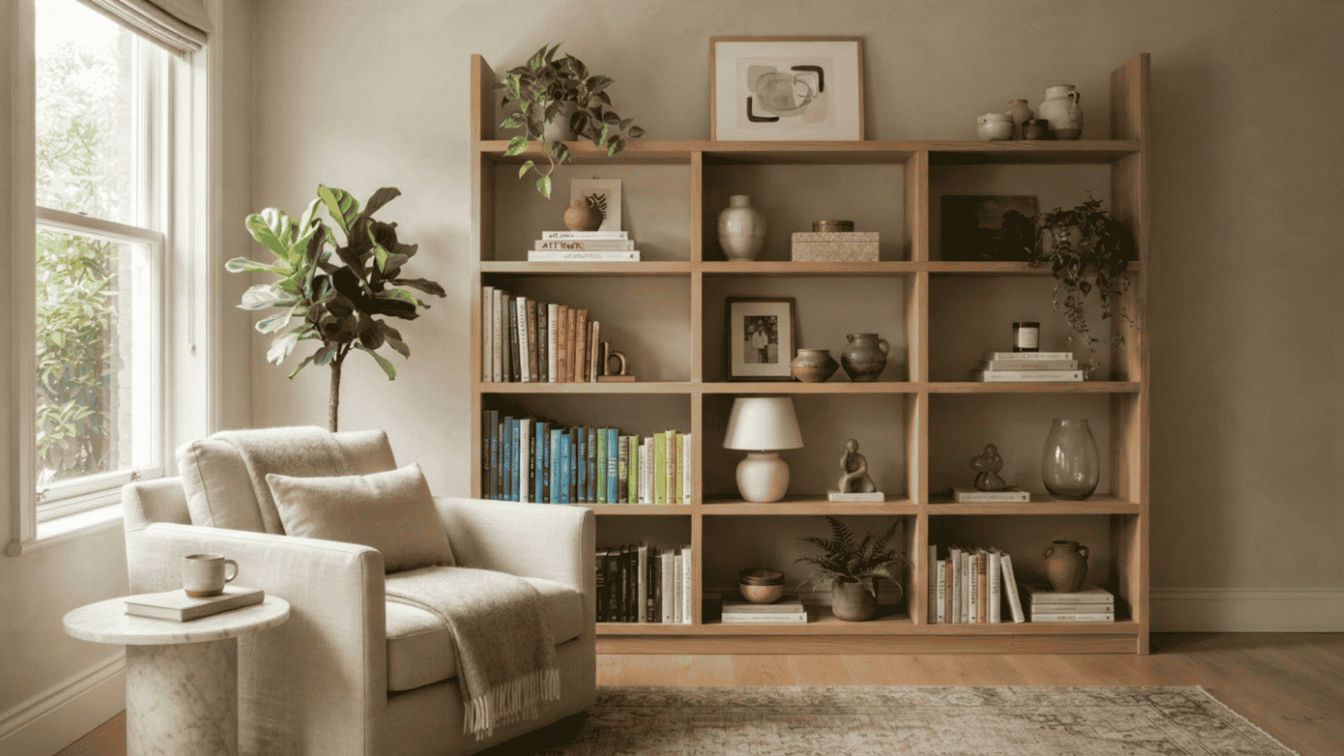 how to style a bookshelf with balanced books, decor, plants, and artwork in a cozy room