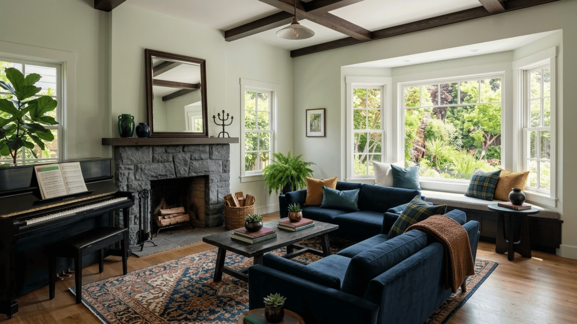 spacious living room with piano, fireplace, blue sofas, large windows, and garden views